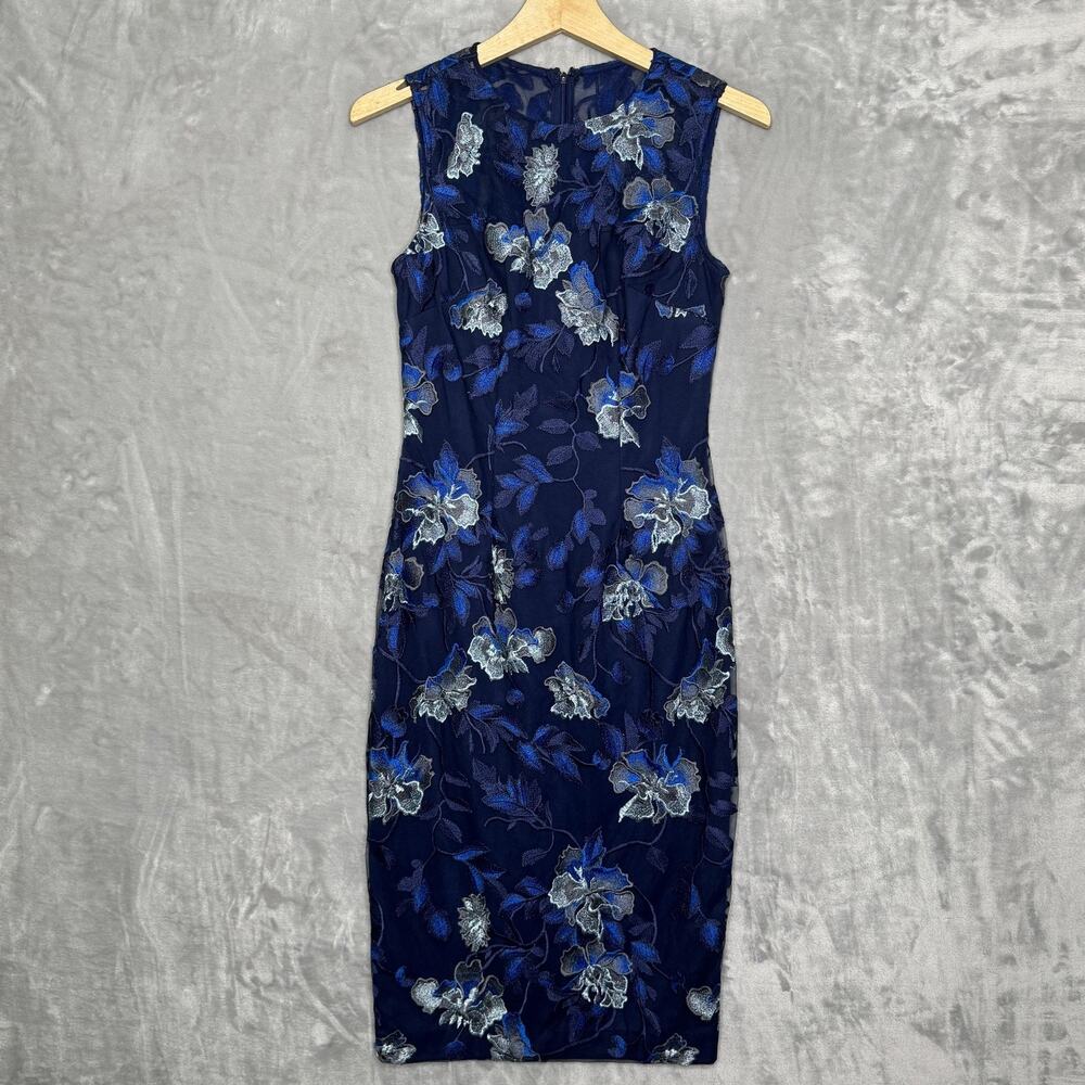 White House Black Market Dress Womens 0 Blue Embroidered Mesh Sheath Floral NEW